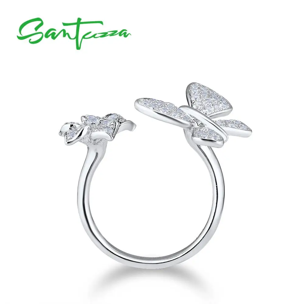 SANTUZZA Серебряное кольцо для Для женщин 925 пробы серебряные регулируемые Великолепная бабочка кольцо блестящий со шпильками с белым кубическим цирконием, Модные украшения