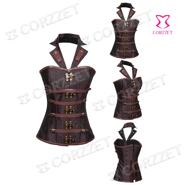 women-latex-waist-trainer-gothic-steampunk-brown-vintage-halter-neck-overbust-push-up-steel-boned-sexy-corsets-and-bustiers-top