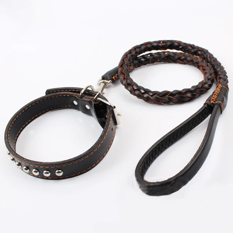 Large dog collar lead leash luxury Real cowhide weave leather dog