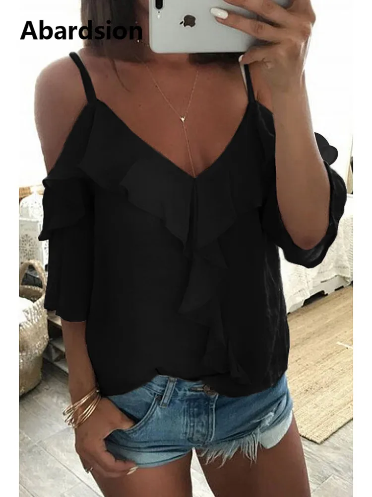 Abardsion Off Shoulder Top Blouse Women Half Sleeve Spaghetti Strap Ruffle Womens Tops And Blouses Summer 2019 White Shirt Blusa