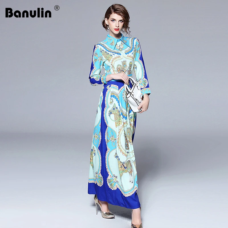 Banulin المدرج مصمم الخريف حزب اللباس قميص نسائي طوق عالية الخصر الزهور طباعة ضئيلة ماكسي خمر اللباس vestido الإناث