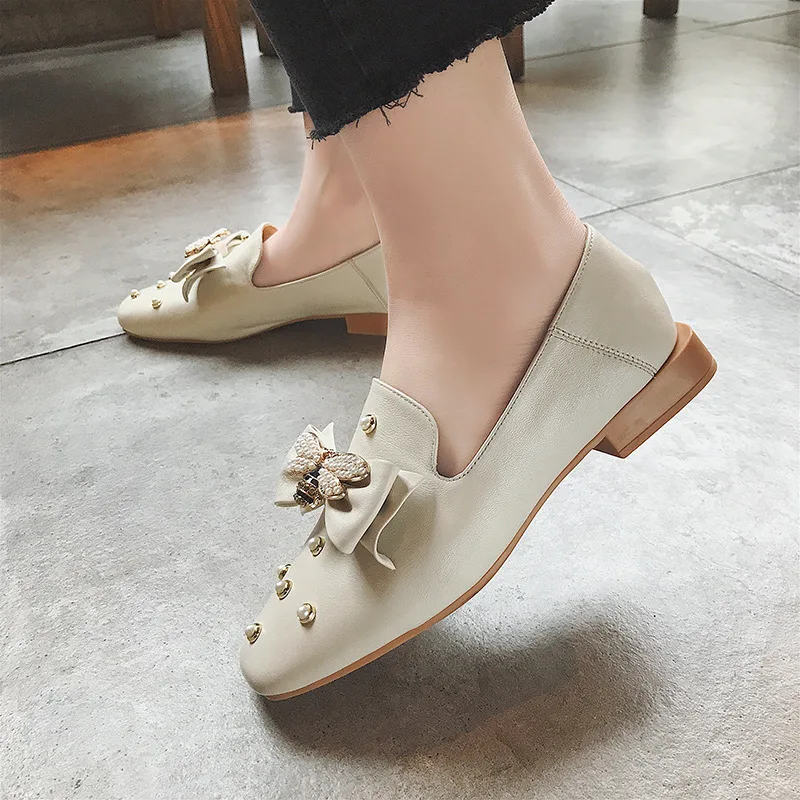 Abeille Doux Cuir 3cm Vache Bowknot De Pump1 Femmes Faible Nouveautés Beige 2018 Élégant noir Carré Chaussures Talons Cristal En Rétro n7SYqw8W