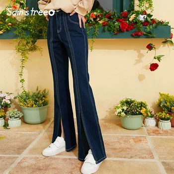 

Samstree High Waist Vintage Women Jeans,2019 Autumn Streetwear Fashion Denim Female Flare Pants New Office Lady Bottoms
