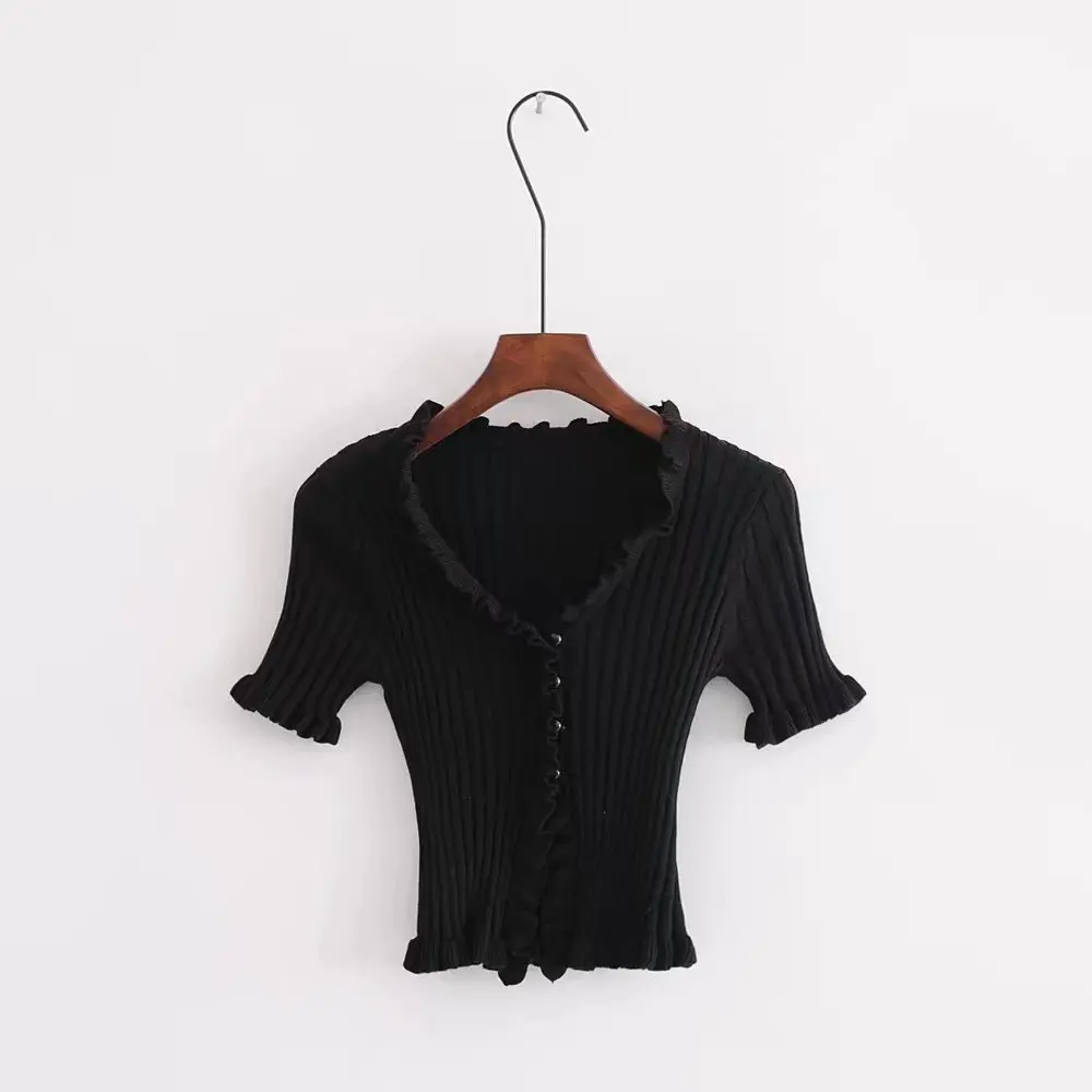 2019 Autumn Knit Sweater Female Women Ruffle Trim Crop Knit Cardigan With Short Sleeve Deep V Neck Crop Casual Jumper Pull Femme 2019 Autumn Knit Sweater Female Women Ruffle Trim Crop Knit Cardigan With Short Sleeve Deep V Neck Crop Casual Jumper Pull Femme