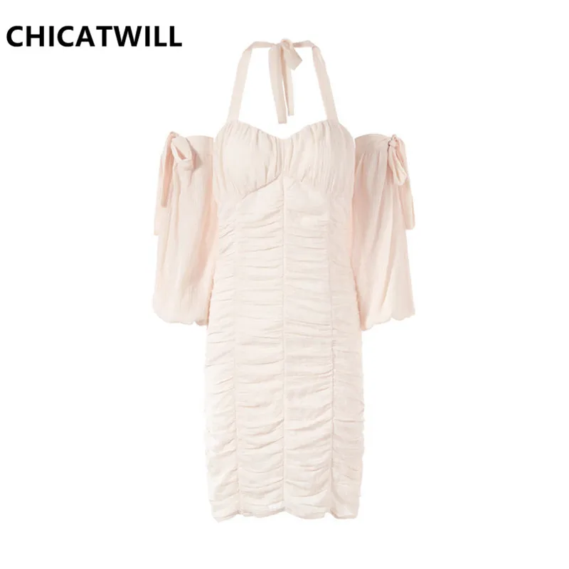

CHICATWILL 2019 Summer New Holiday Party Sweet Sexy Backless Halter Bow Ladies' Lace Dresses