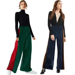 2019 женские летние повседневные стильные боковые полосатые длинные брюки Широкие брюки Зеленые Синие простые свободные брюки с высокой