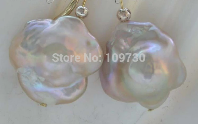 

ry00280 Genuine Natural 16mm Pink reborn keshi Flower Pearl Earrings Dangle 14k