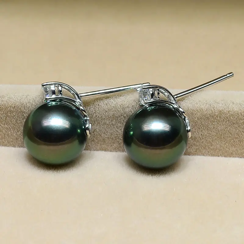 CHARMING 9 10MM TAHITIAN BLACK GREEN PEARL EARRING 14in Stud Earrings