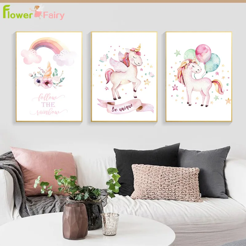 

Baby Girl Unicorn Room Decor Nordic Style Poster Wall Art Canvas Painting Posters Wall Pictures For Kids Room Print Unframed