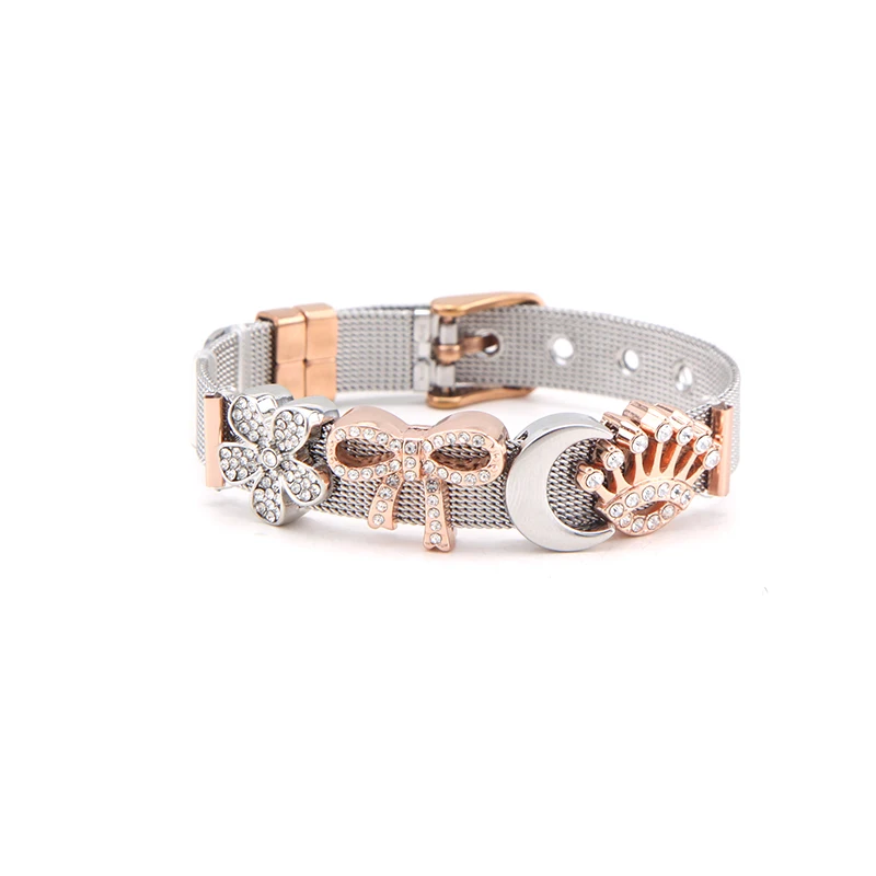 

SANSHOOR Stainless Steel DIY Mesh Bracelet with Silver Rose Gold Flowers Butterfly Charms For Women as Special Gift