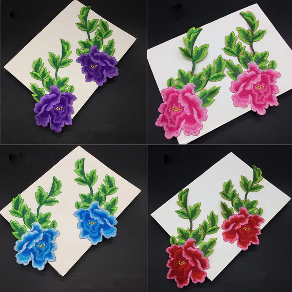 

2Pcs Handmade Eco-Friendly Wholesale Fashion Peony Flowers Embroidery Patch Iron on for Clothes Sewing Applique DIY Crafts