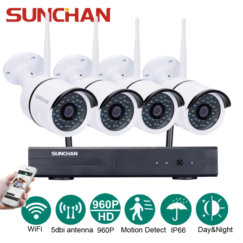 SUNCHAN Plug and Play HD 4CH NVR 960P Wireless CCTV System Outdoor