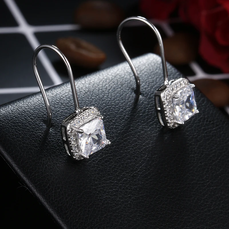 100% 925 sterling silver fashion shiny cz zircon square ladies`drop earrings women jewelry female gift drop shipping cheap