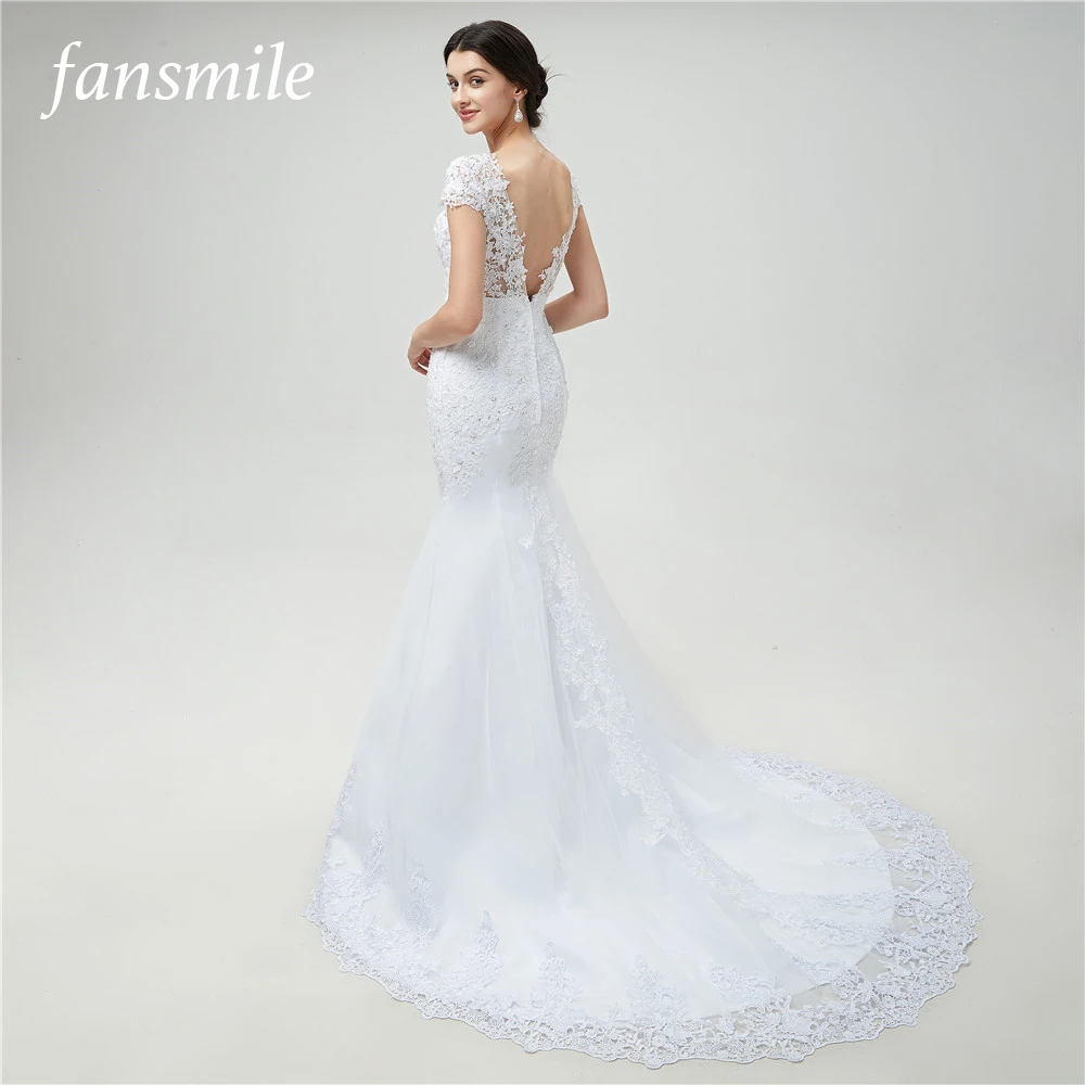 

Fansmile Luxury Vestido De Noiva sleeve Lace Mermaid Wedding Dress 2019 Customized Plus Size Wedding Gowns Bridal Dress FSM-483M