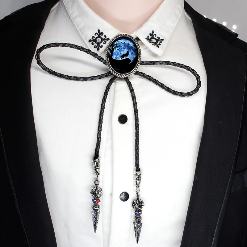 BOLO-0024 New Fairy Howling Wolf Art Oval Bolo Tie Vowboy Hand Craft Slide Western Tie Neck Glass Photo Tie Leather Necklaces - Окраска металла: 1-1