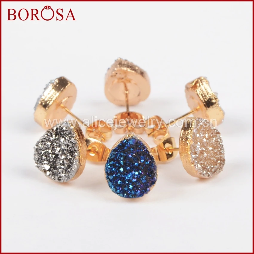 Женские серьги пусеты BOROSA 1 пара золотых кристаллов с натуральным кристаллом Druzy