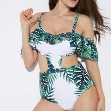 Цельный купальник с открытыми плечами, женский купальник, монокини с пуш-апом, гофрированный боди с принтом в виде листа, купальник с высокой талией, купальный костюм