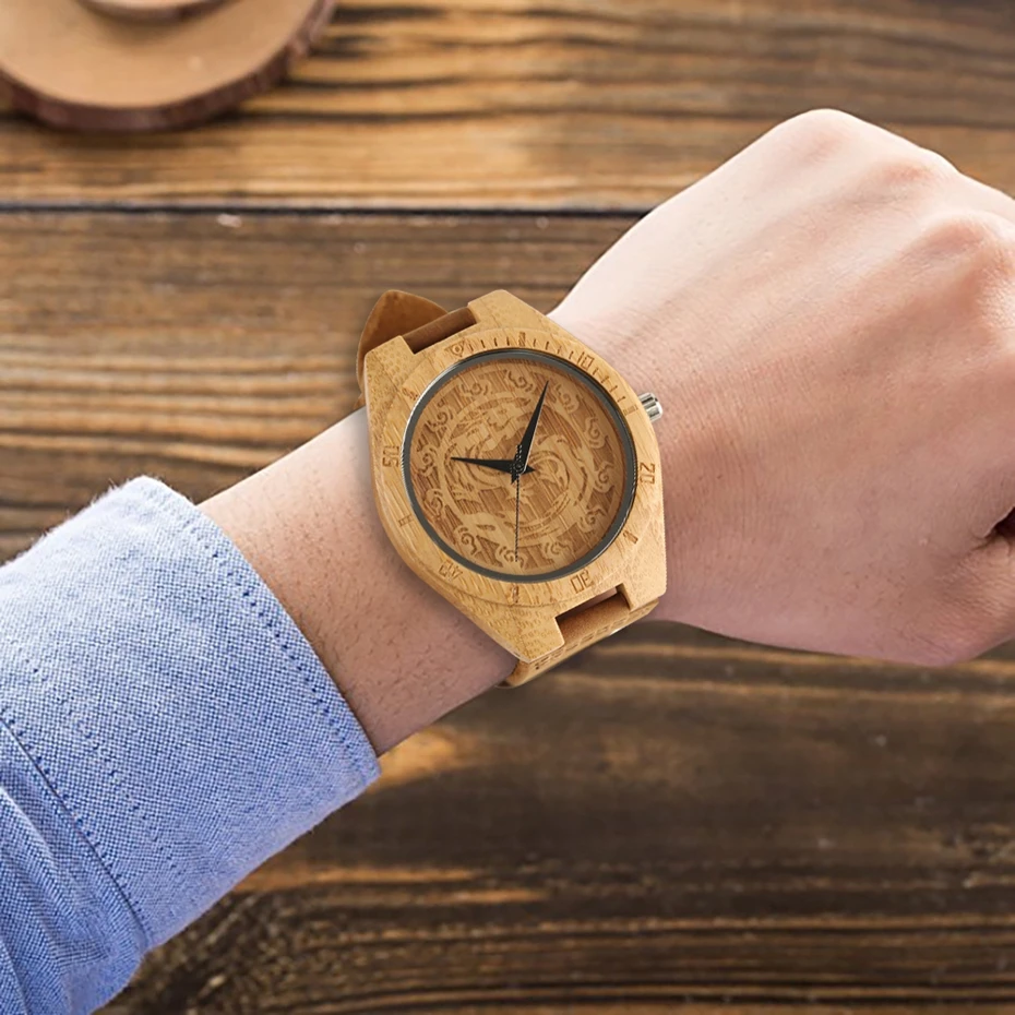 Creative Dragon Carving Wood Watch Men Simple Wooden Watches Analog Quartz Clock Male Genuine Leather WristWatch erkek kol saati (15)