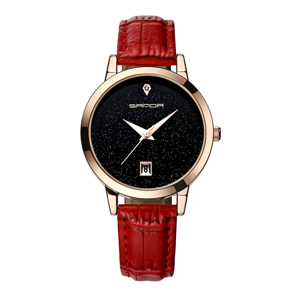 2018SANDA модные часы со звездным циферблатом Роскошные модные часы с кожаным ремешком аналоговые кварцевые круглые наручные часы женские часы-браслет - Цвет: Красный