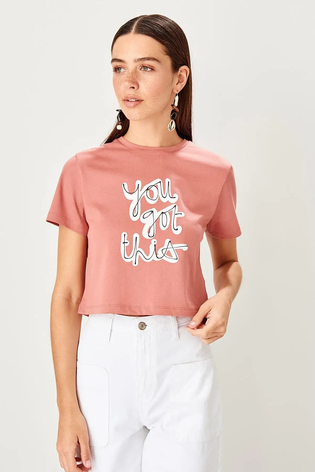 

Trendyol Color Rose Printed Crop Knitted T Shirt TWOSS19TS0091