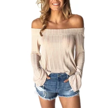 New Autumn Fashion Women Ladies flare long sleeve shirts casual off shoulder slash neck o-neck solid loose shirts blouses tops