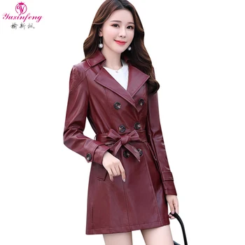 

Yuxinfeng 2019 New Autumn Pu Leather Trench Coat Women Long Sashes Slim A Line Coat Femenino Long Sleeve Women's Windbreaker