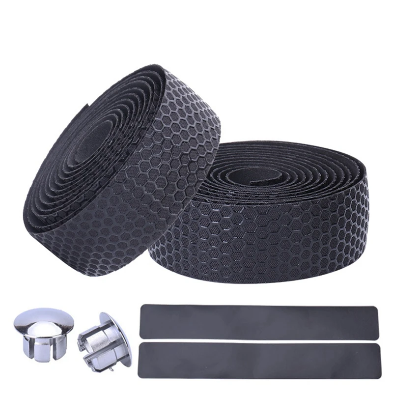 

Cycling Road Bike Sports Bicycle Cork Handlebar Tape + 2 Bar Plug Carbon Fiber Belt Strap -Black