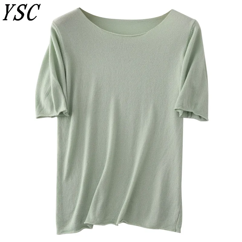 

YSC 2019 New pattern Women Cashmere Sweater Round collar Curling decoration Fine yarn Good ventilation Short sleeve pullover