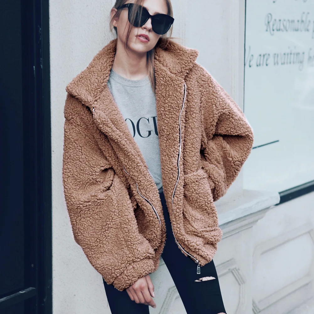 

Autumn Winter Warm Coats Women 2019 Casual Basic Jackets Fur Wool Blends Female Plush Loose Red Coat Woman Plus Size Overcoat