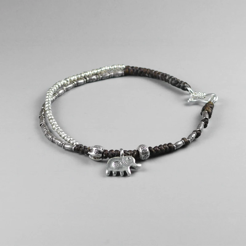 

Original Handmade Wax Rope Braided Bracelet For Women 925 Sterling Silver Beads And Elephant Charm Doulbe Layers Buddha Bracelet