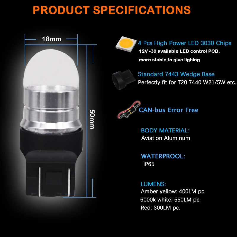 IJDM 6000K Белый T20 светодиодный W21/5 W 7443 светодиодный светильник яркий 3030 12 V-30 V светодиодный светильник для 2009- Fiat 500 дневные ходовые огни желтый