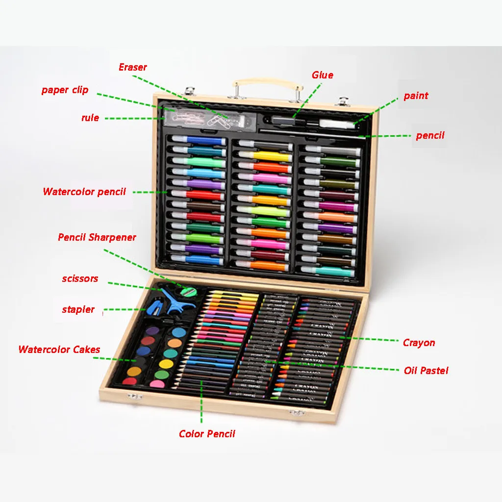 168 шт роскошный Художественный набор для детей, деревянный чехол, цветные маркеры, карандаши, мелки, масляная пастель, Водные краски, принадлежности для рисования# C - Цвет: 150pcs