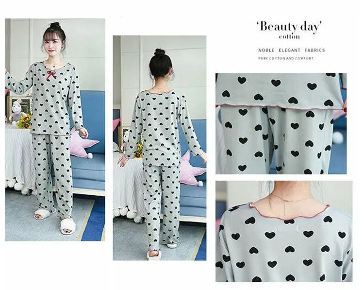 Spring Autumn Women Print Cartoon Love Long Sleeve Pajama Set Home Clothes