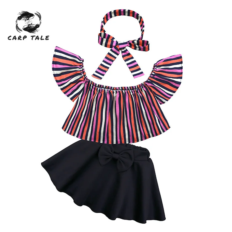 

2019 summer explosion models girls shoulder striped shirt + skirt + headband three-piece newborn baby girl clothes stripe
