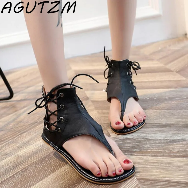 

AGUTZM 2019 New Summer Gladiator Women Sandals Fashion Flat Flip Flops PU Leather Ankle Strap Sandalia Feminina Size 35-43