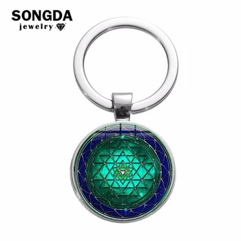 

SONGDA Sri Yantra Meditation Keychain Sacred Geometry Mandala Patterns Silver Plated Glass Dome Key Chain Chakra Spiritual Gifts