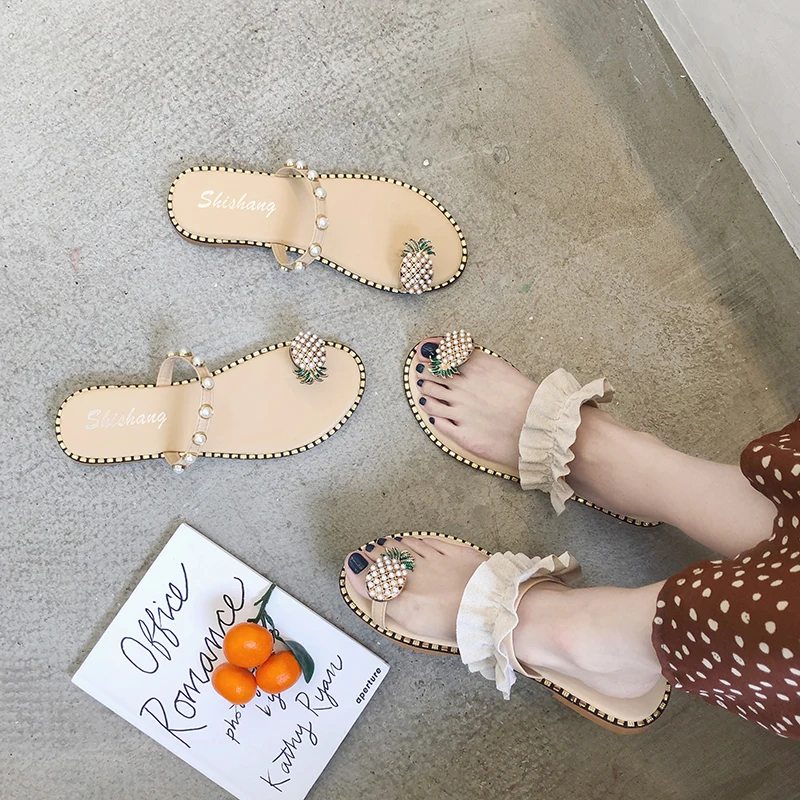 

flats clip toe summer women slides brand pearl pineapple ruffles girl slippers sweet soft metal decoration beach flip flops hot