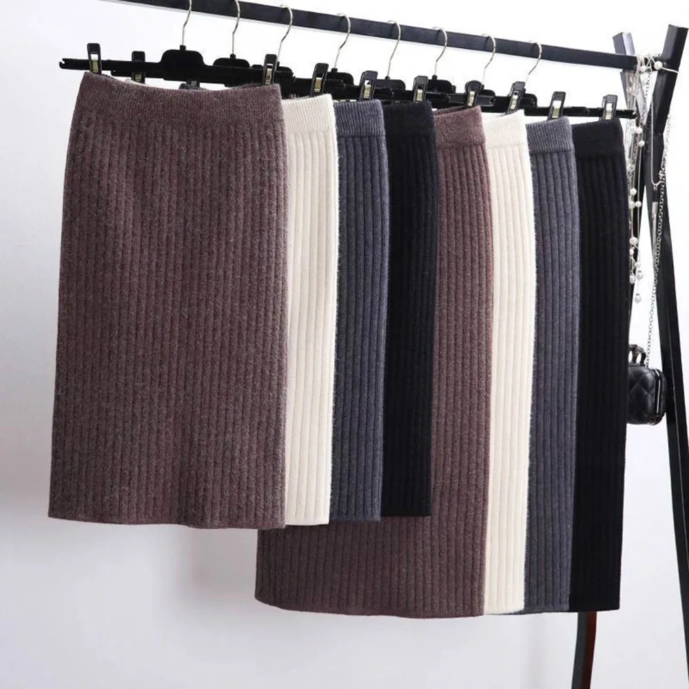 

Women Back Slit Bodycon Elegant Midi Pencil Skirt Autumn Winter Casual Knitted High Waist Solid Black Skirts Jupe Femme Faldas
