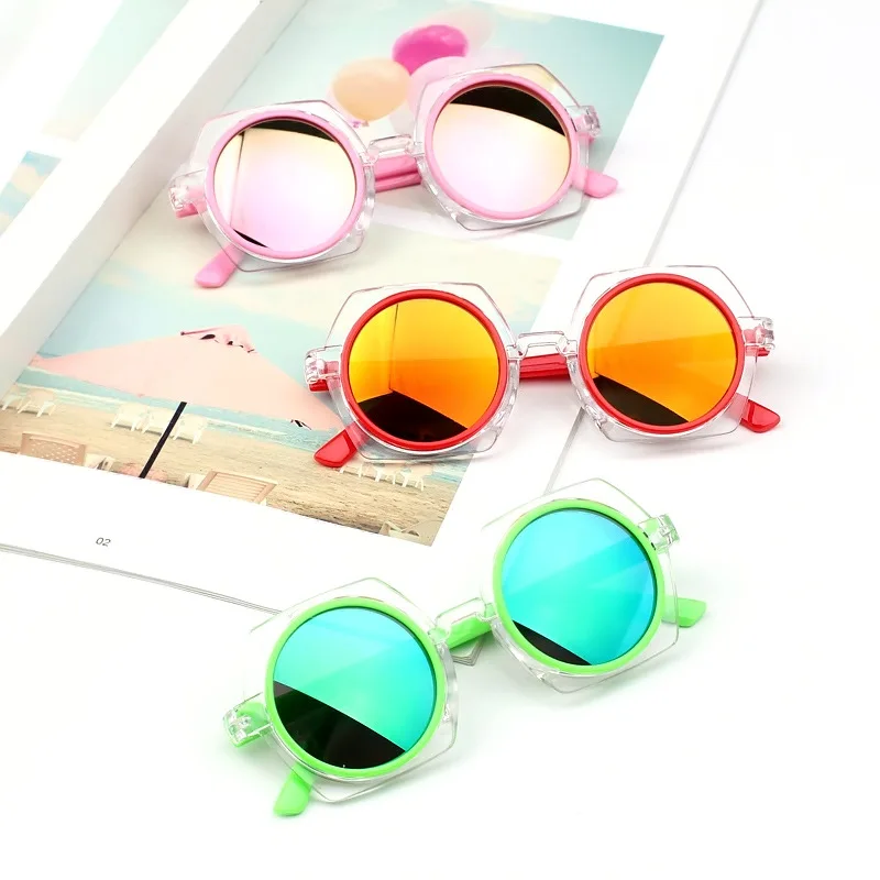 Модная многоугольная рамка, солнцезащитные очки для мальчиков и девочек, круглые линзы, отражающие зеркальные очки с защитой от УФ-лучей для детей, детские солнцезащитные очки