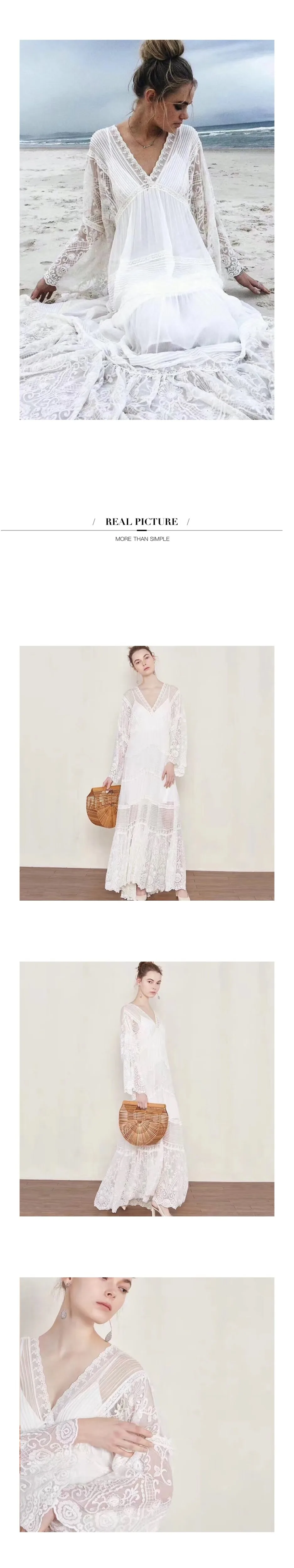 EXCOSMIC высокое качество лоскутное открытое Цветочная вышивка женское белое платье Высокая талия с расклешенными рукавами элегантное кружевное пляжное платье