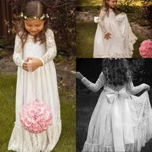 Кружевное белое платье с длинными рукавами и цветочным рисунком для девочек; платье с бантом и трапециевидной линией; платье в пол для торжественных случаев; платье для первого причастия; День рождения