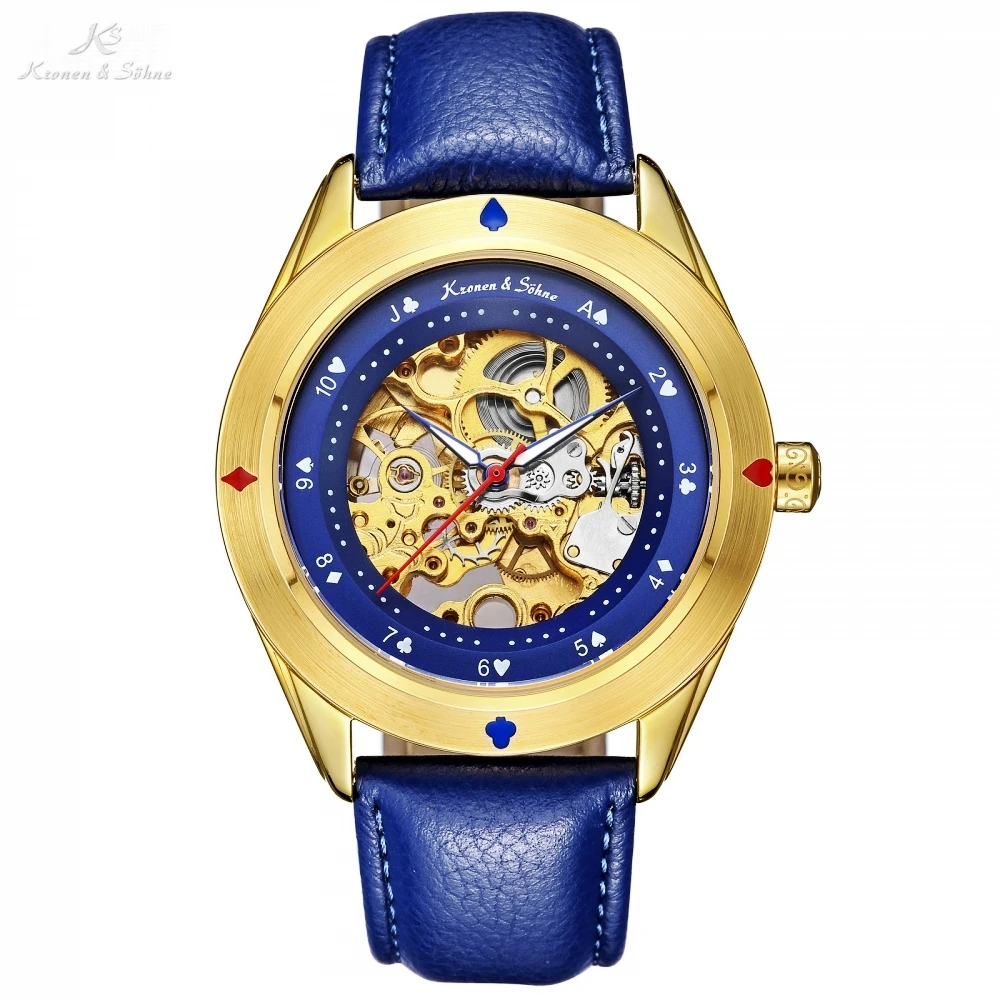 

Kronen Sohne Royal Automatic Poker Cards Bezel Golden Skeleton Men Leather Band Auto Winding Mechanical Wrist Watch