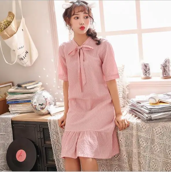 pink Серый/в полоску; цвет розовый; одежда для сна женская ночная одежда летнее платье для сна хлопковый облегающий спальный носит ночные рубашки для девочек большой Размеры L XL XXL Fdfklak - Цвет: pink
