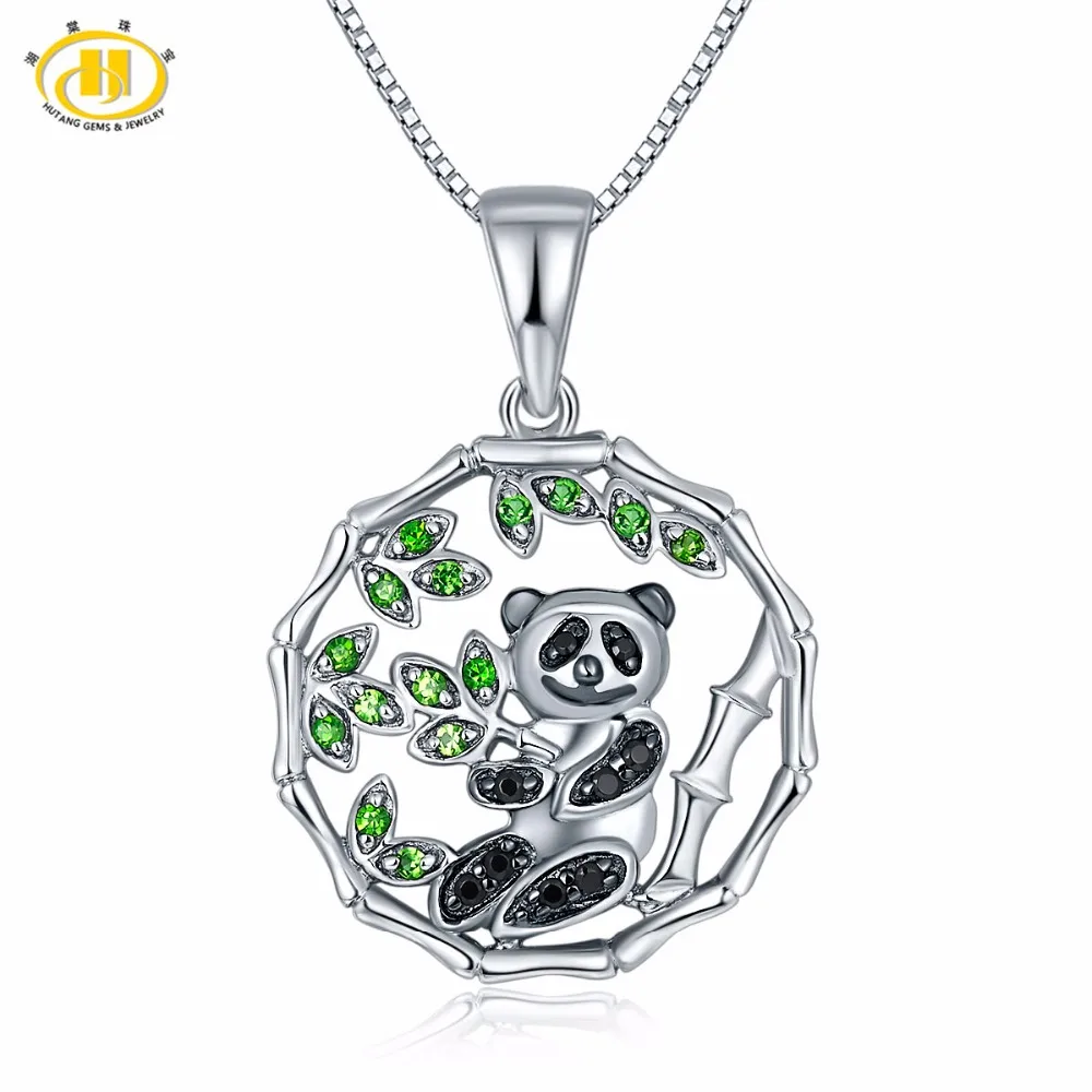 

Hutang Solid 925 Sterling Silver Natural Gemstone Chrome Diopside & Spinel Panda Pendant & Necklace Fine Jewelry For Women