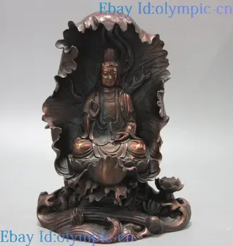 

11" China bronze sculpture carved wave lotus buddhism Kwan-yin buddha Statue