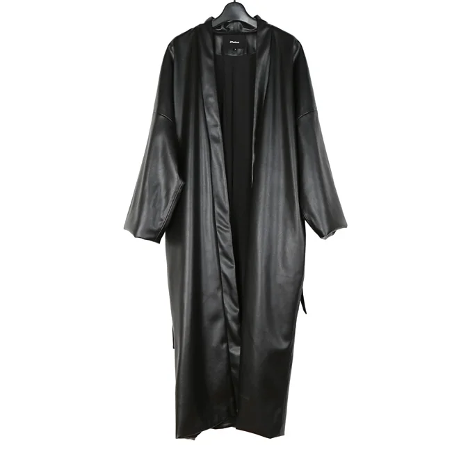 Femmes Fait Américain Style En Lâche Couverture Ceinture Taille Et Européen Pour Noir Souple Cuir Manteau 1xOtwr1Aq