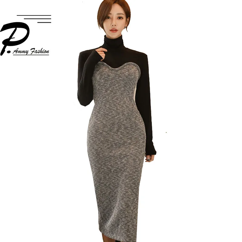 

New Korean version Fashion Mid-Long knitting Dress 2018 Women Fall Winter Turtleneck Patchwork Side split Slim Club Party Dress