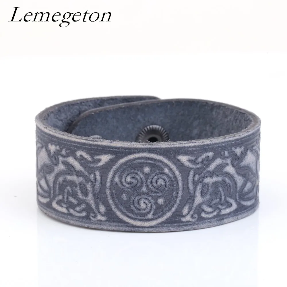 

Lemegeton Vintage Ireland Three Helix Interweave Knot Wolf Badge Wristband Geniune Leather Cuff Bracelet jewelry for gift