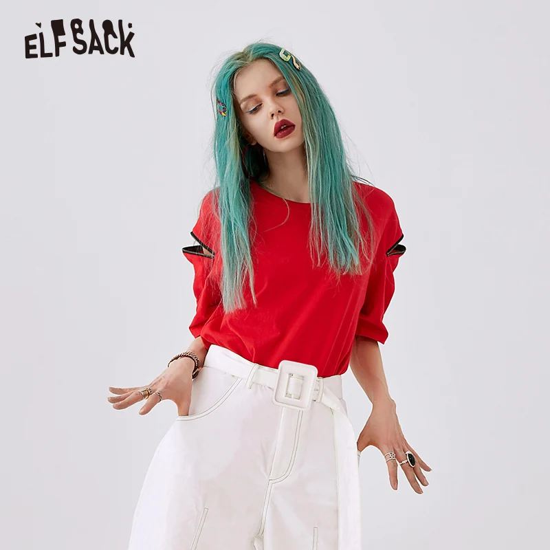 Женские хлопковые топы с молнией ELF SACK красная уличная женская футболка