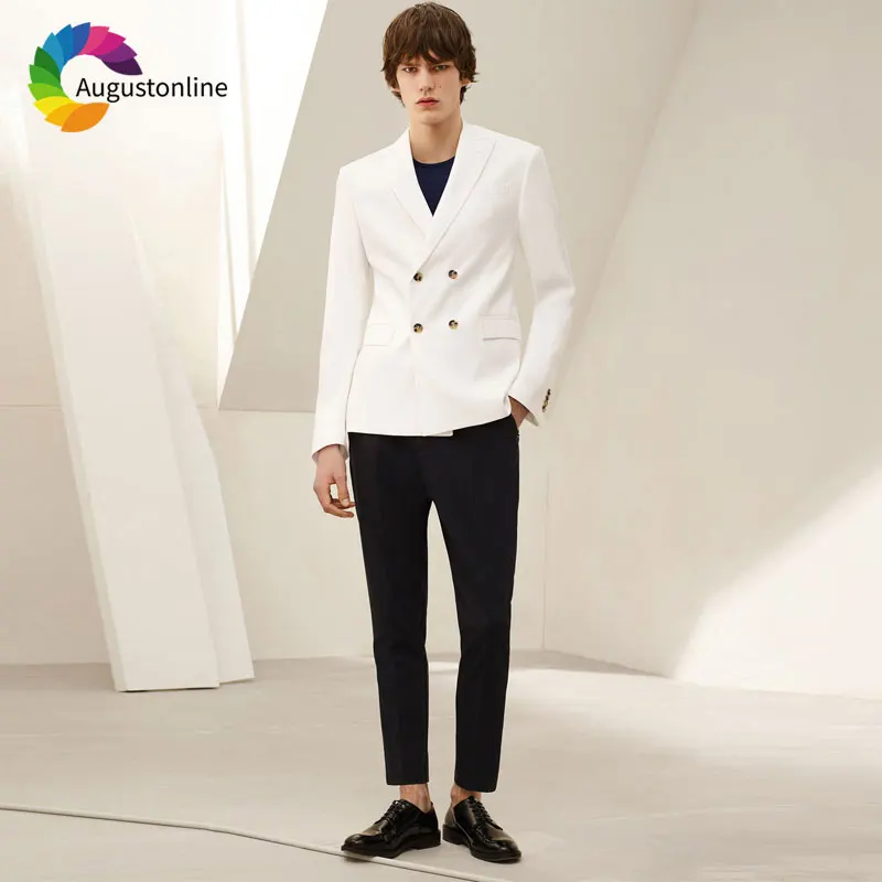 

Double Breasted Custom Made White Men Suits Ivory Peaked Lapel Groom Wedding Suits Tuxedo 2 Piece Jacket Pants Best Men Blazer